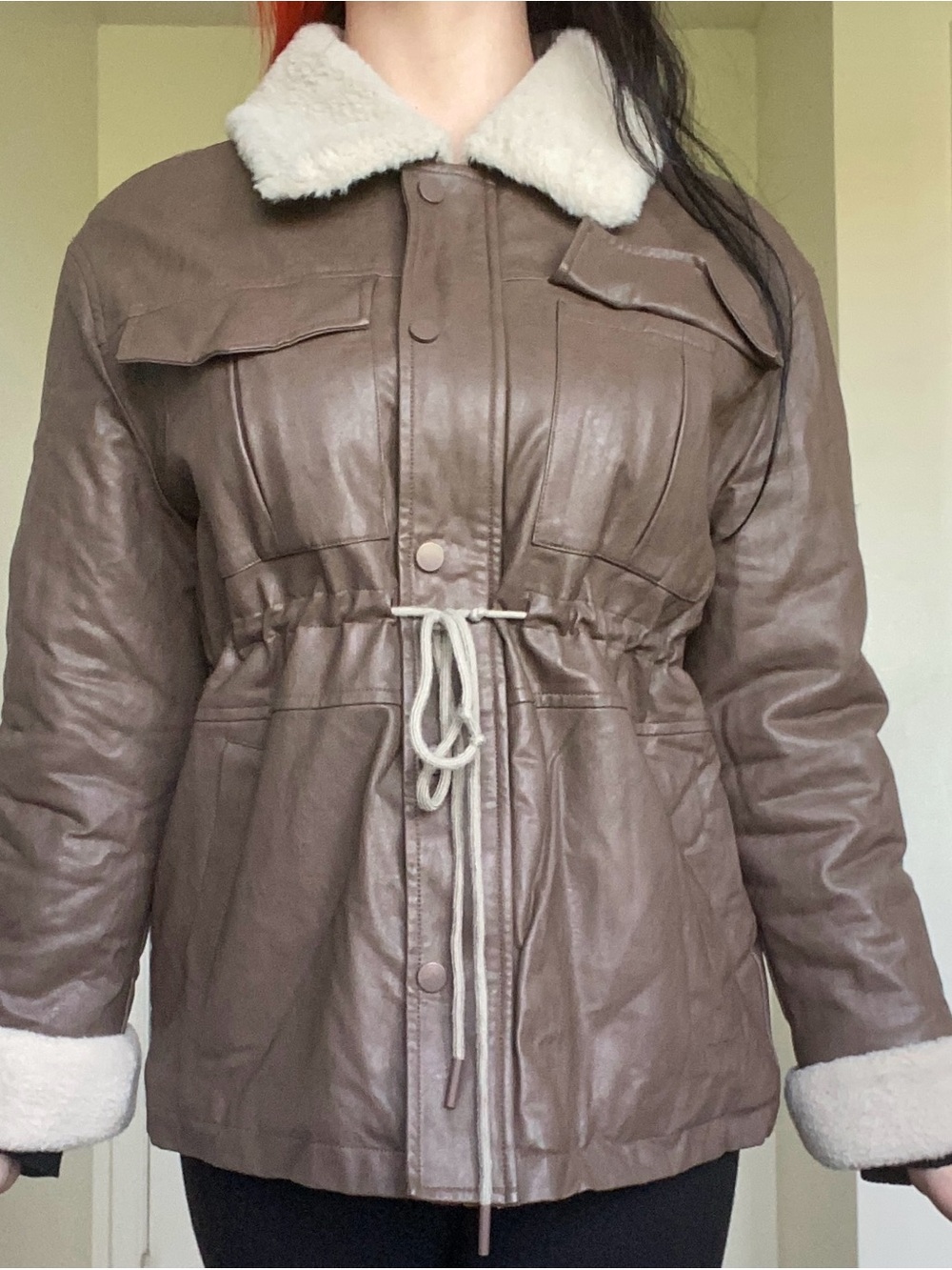 Brown Faux Leather Jacket with Shearling Lining